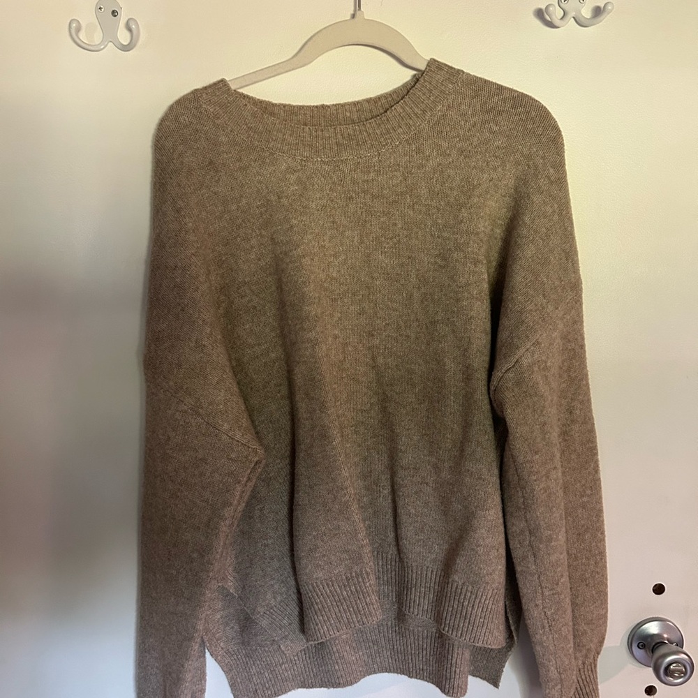 Tan Knit Crewneck Sweater with Ribbed Details
